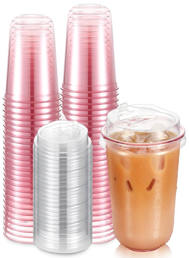 LemonRoad 50 Pack 12 Oz Pink Clear Plastic Cups with Sip Lids Round Bottom Disposable Iced Coffee Cups with Strawless Lids for Iced Coffee Juices Smoothie Cold Beverage Party Catering Supplies - Image 1
